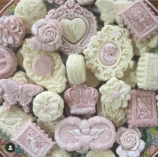 12 Handcut Vanilla with Strawberry accents Vintage Victorian Valentine Southern Tea Cake Cookies Bridgerton Sanditon Bridal Shower