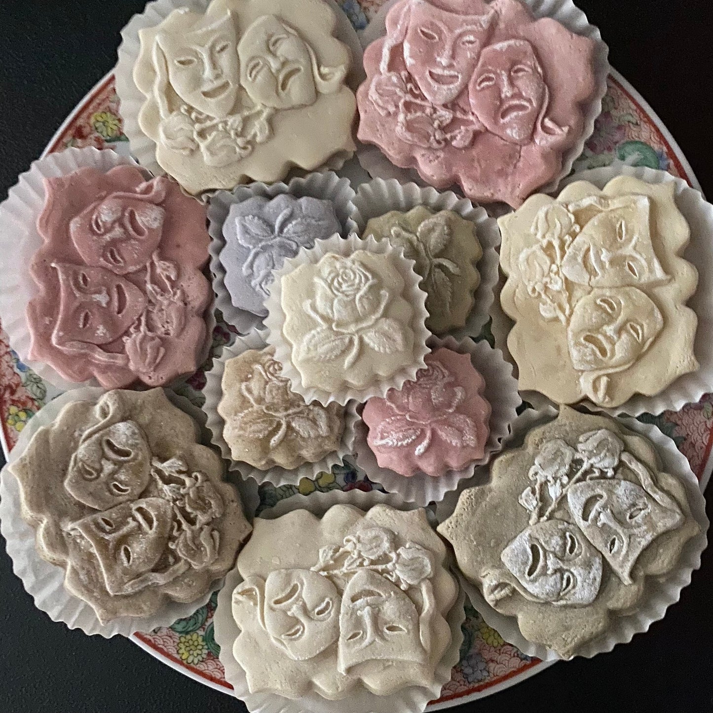 One dozen Theater theatre mask teacakes amd roses comedy tragedy