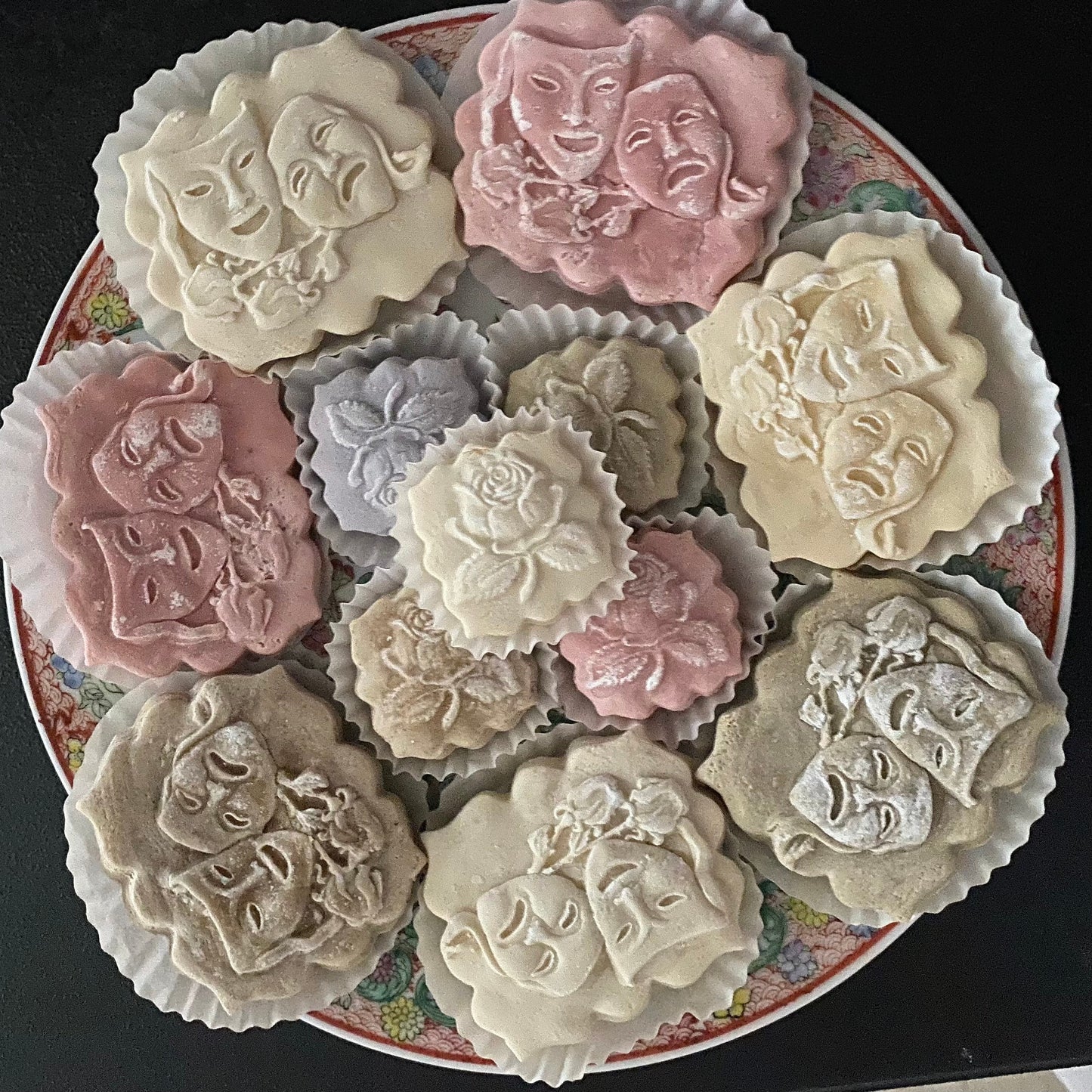 One dozen Theater theatre mask teacakes amd roses comedy tragedy