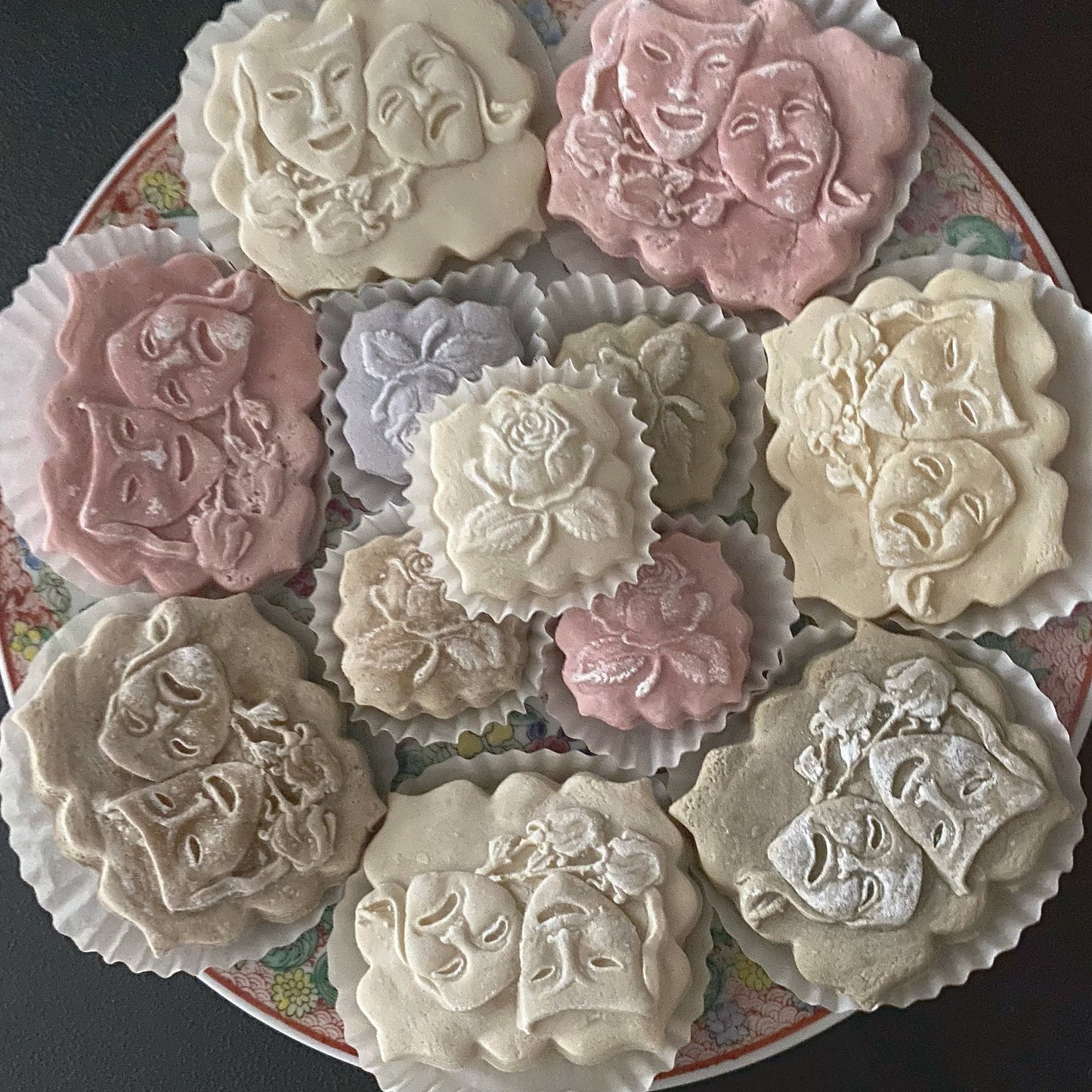 One dozen Theater theatre mask teacakes amd roses comedy tragedy