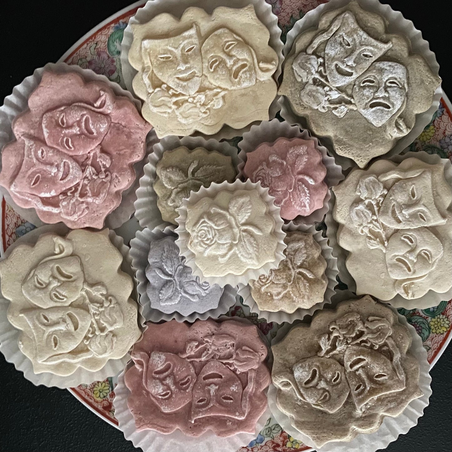 One dozen Theater theatre mask teacakes amd roses comedy tragedy