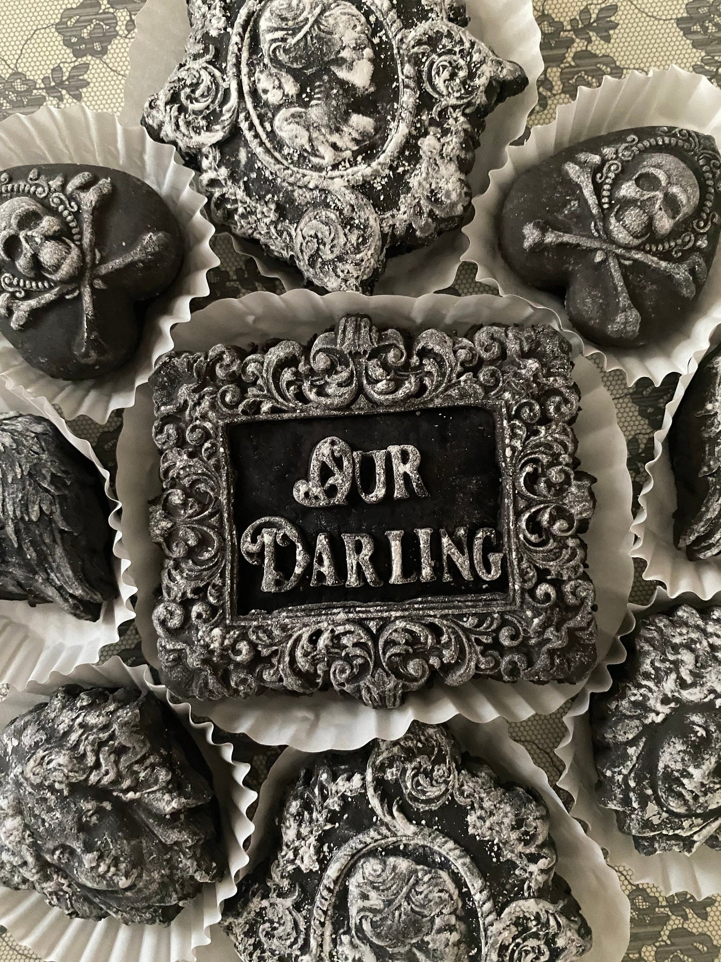 Vintage Victorian Wedding Halloween Chocolate Midnight Brownie Teacakes Valween Romantic Skull Bride casket palque